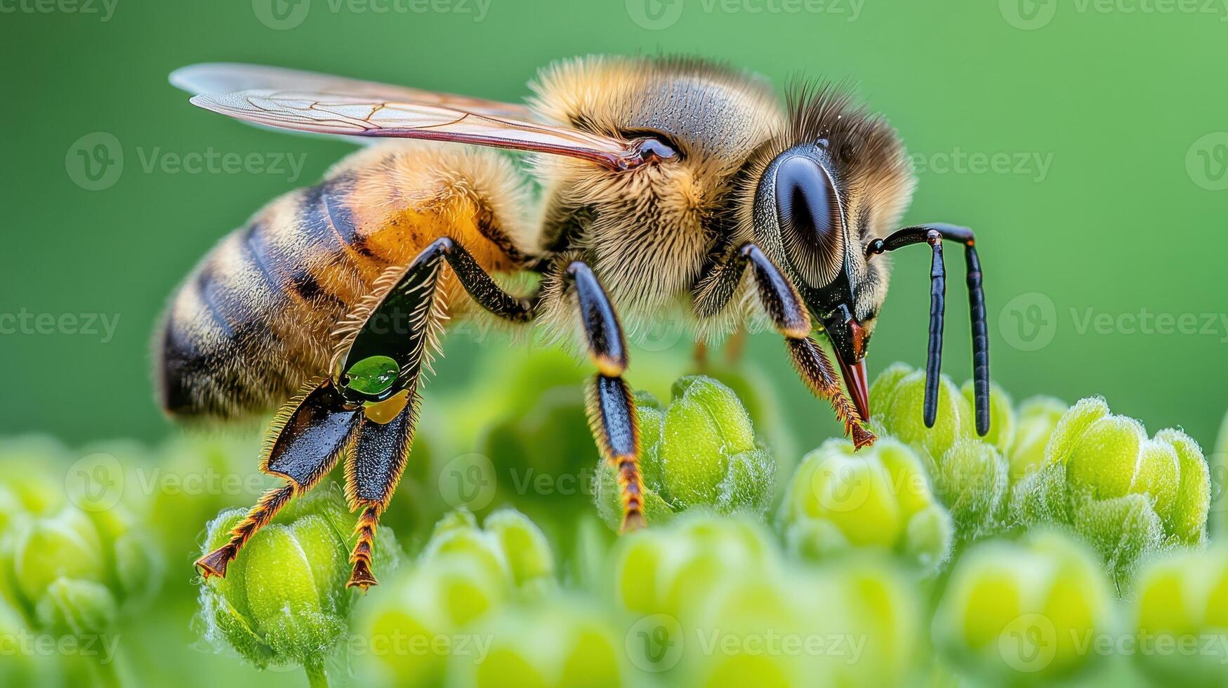 A bee is standing on top of a green plant photo