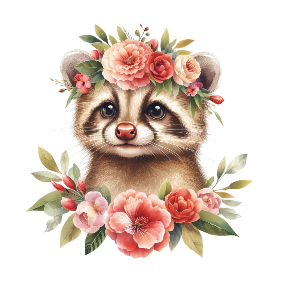 A whimsical raccoon portrait adorned with a delicate floral crown and flower arrangements around it png