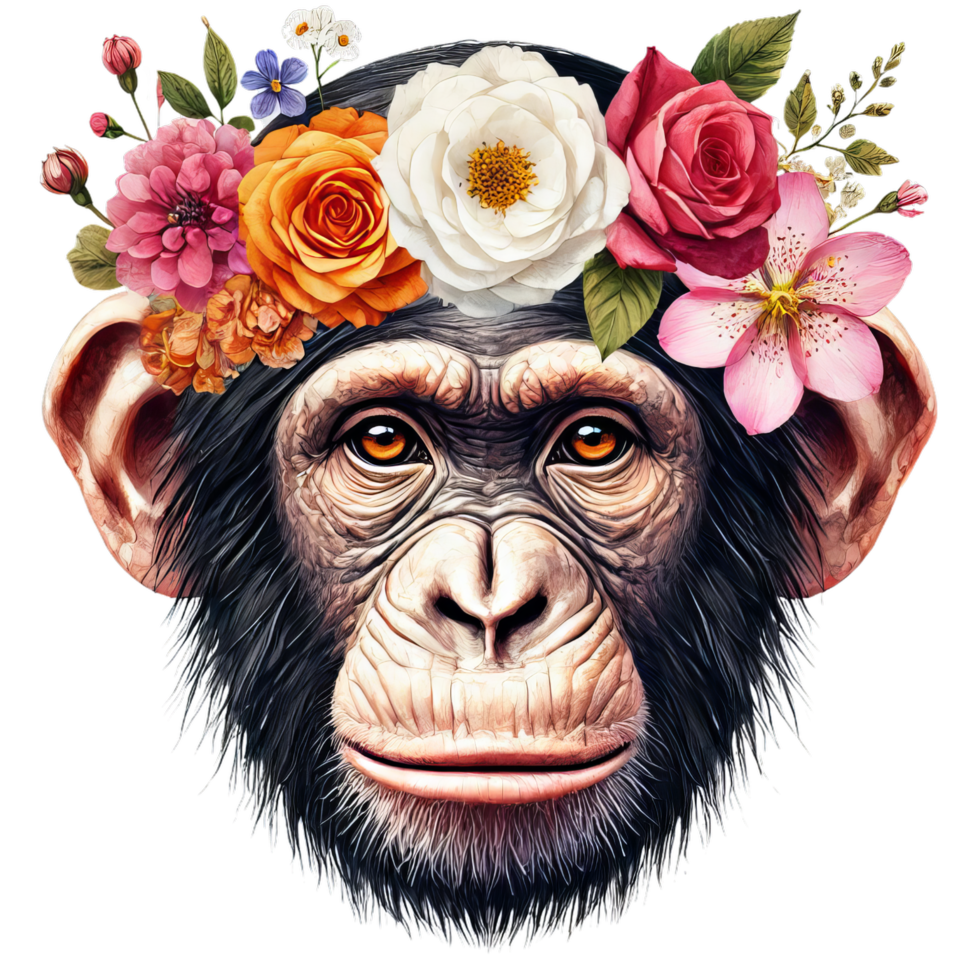 A chimpanzee with a flower crown featuring roses, dahlias, and other assorted blossoms art png