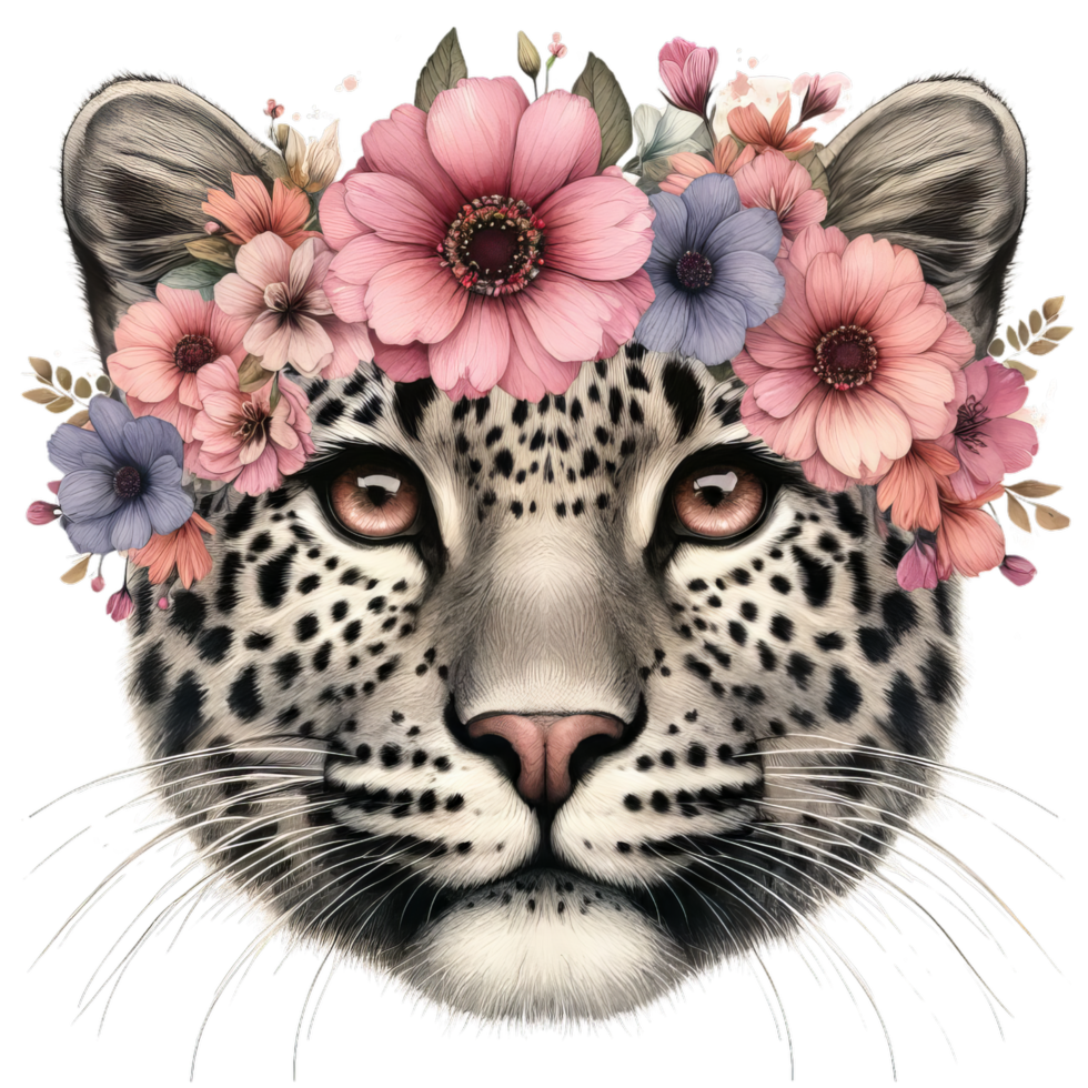 Close up of a snow leopard's face adorned with a floral crown of pink and purple flowers art png
