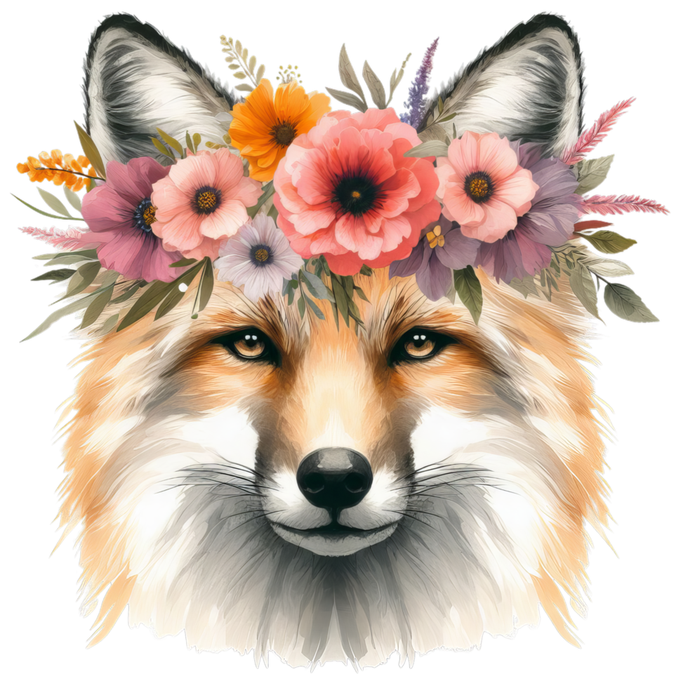 Watercolor fox portrait with floral crown featuring pink orange and purple flowers art piece png