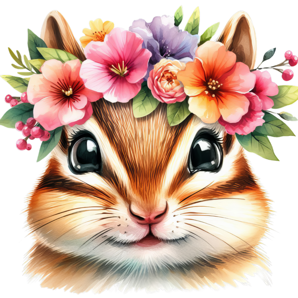 Close up portrait of a cute chipmunk wearing a flower crown with pink and purple flowers art print png
