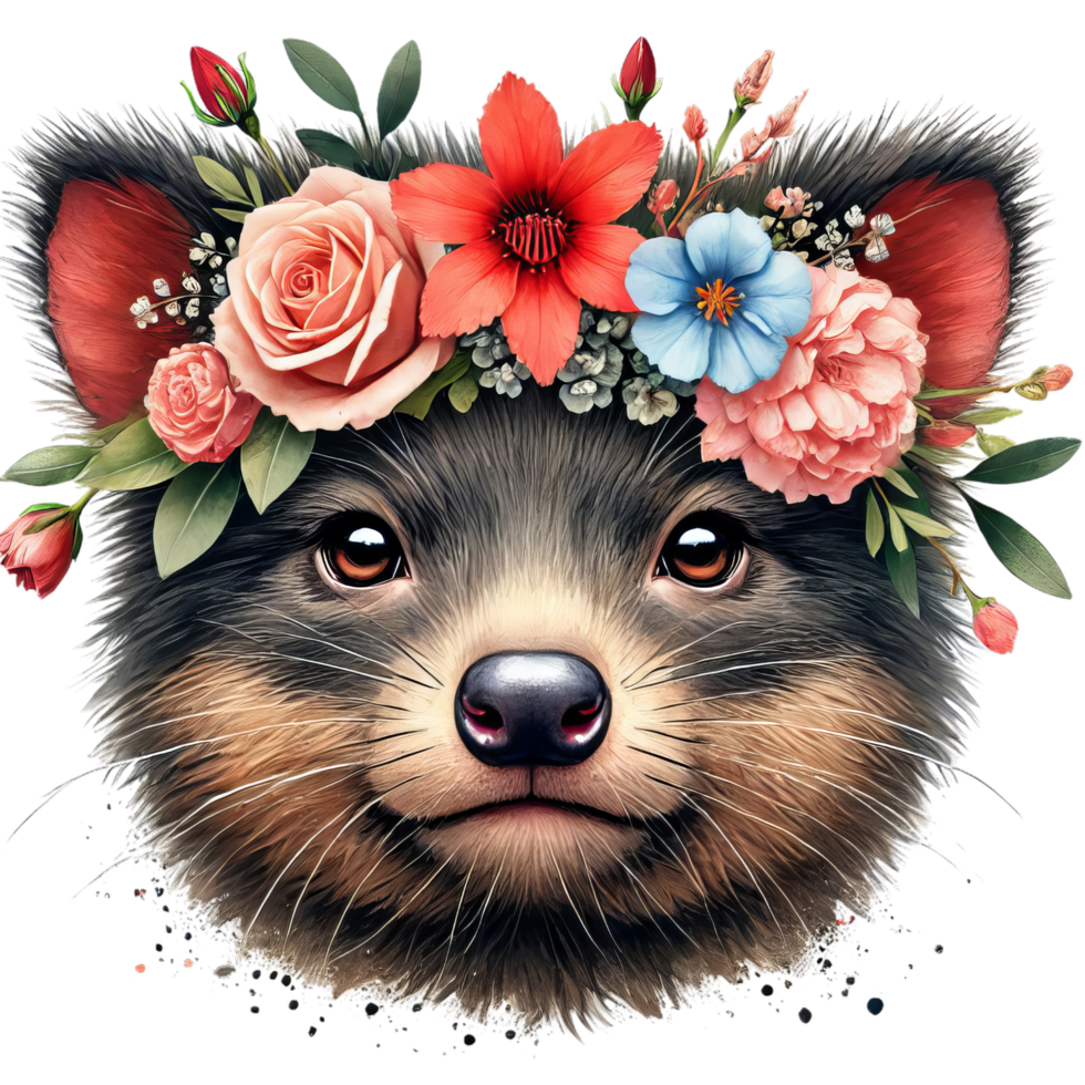 Close up of a tasmanian devil wearing a flower crown with roses and other colorful blossoms png