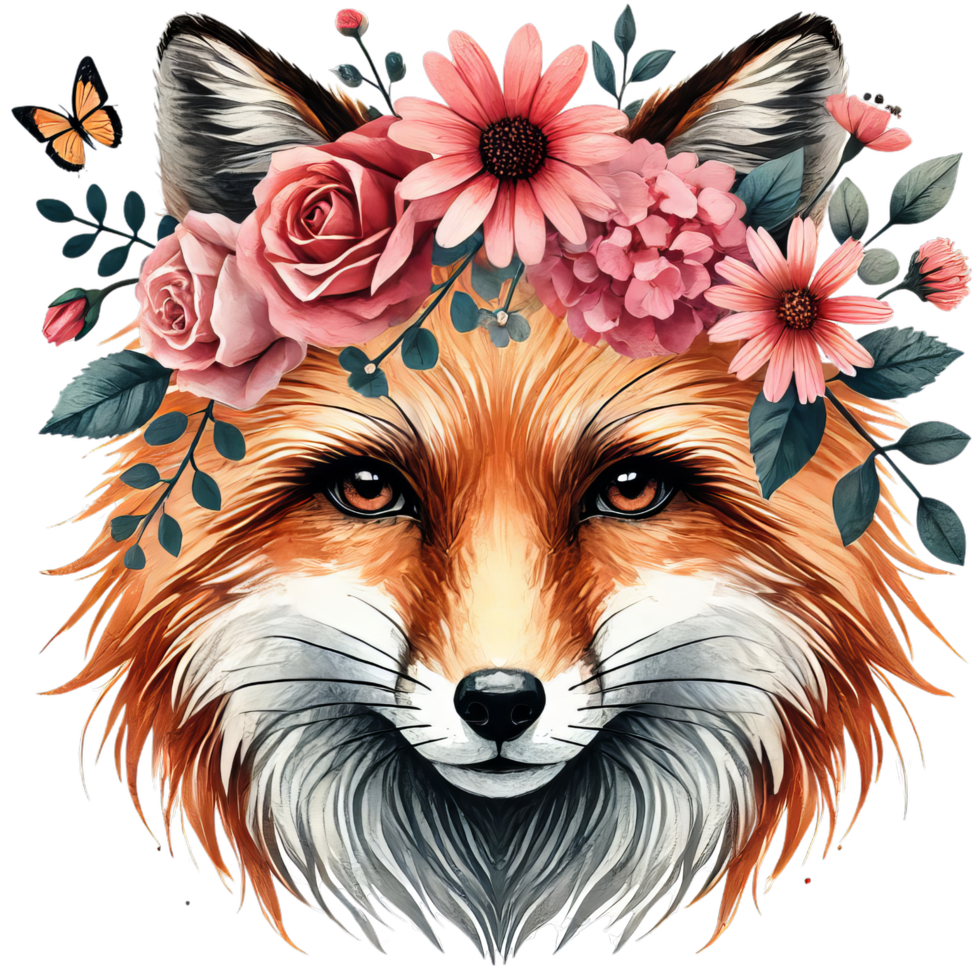 A whimsical fox portrait adorned with a crown of pink flowers and a delicate butterfly nearby it png