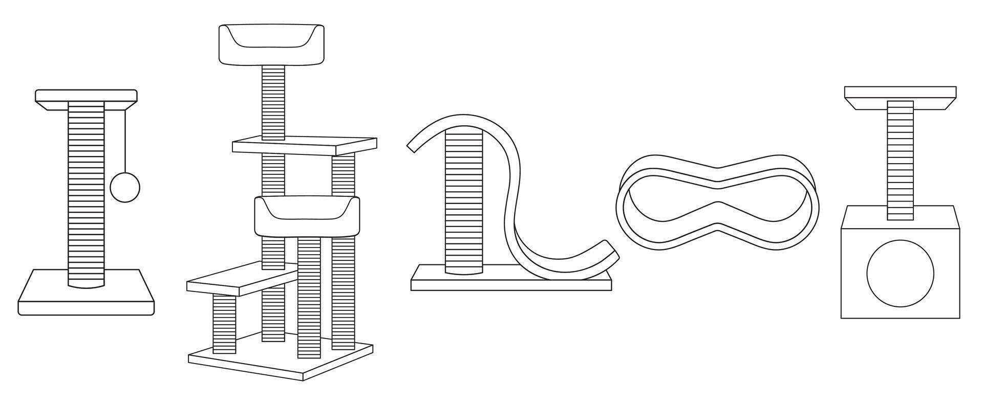 set illustration, different types of scratching posts for domestic cats, simple linear icons, doodle and sketch style, hand-drawn, isolated on a white background vector