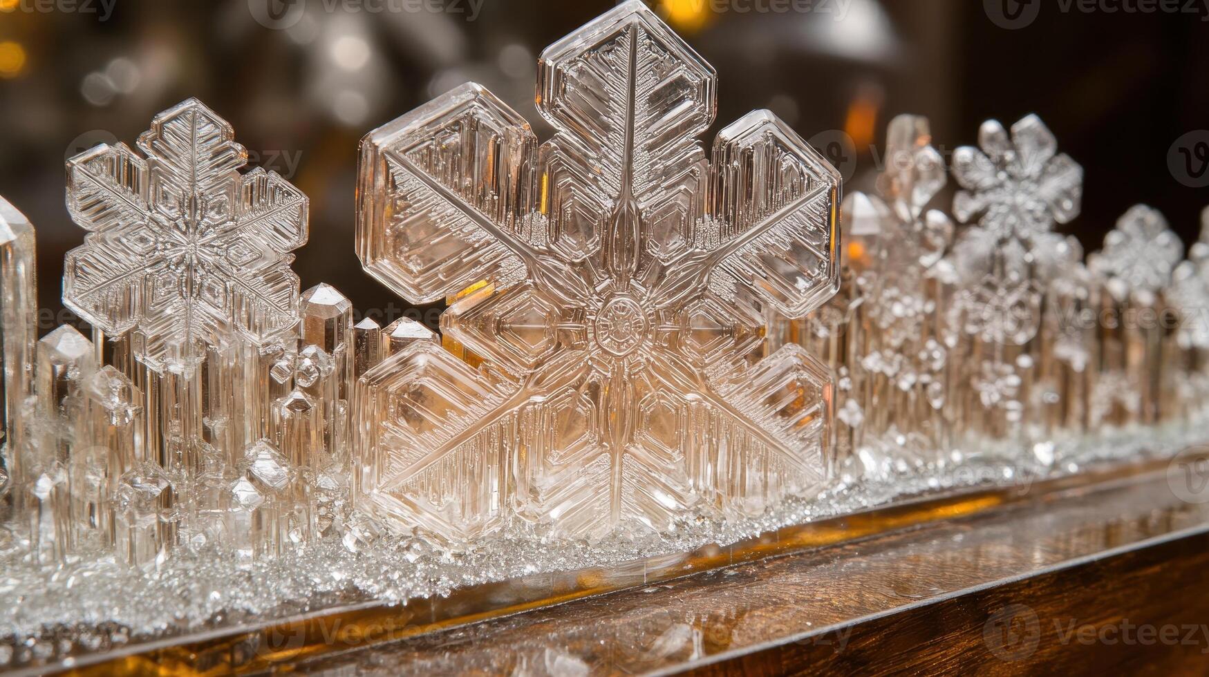 Crystal snowflake ornament, warm lights, winter scene, holiday decoration photo