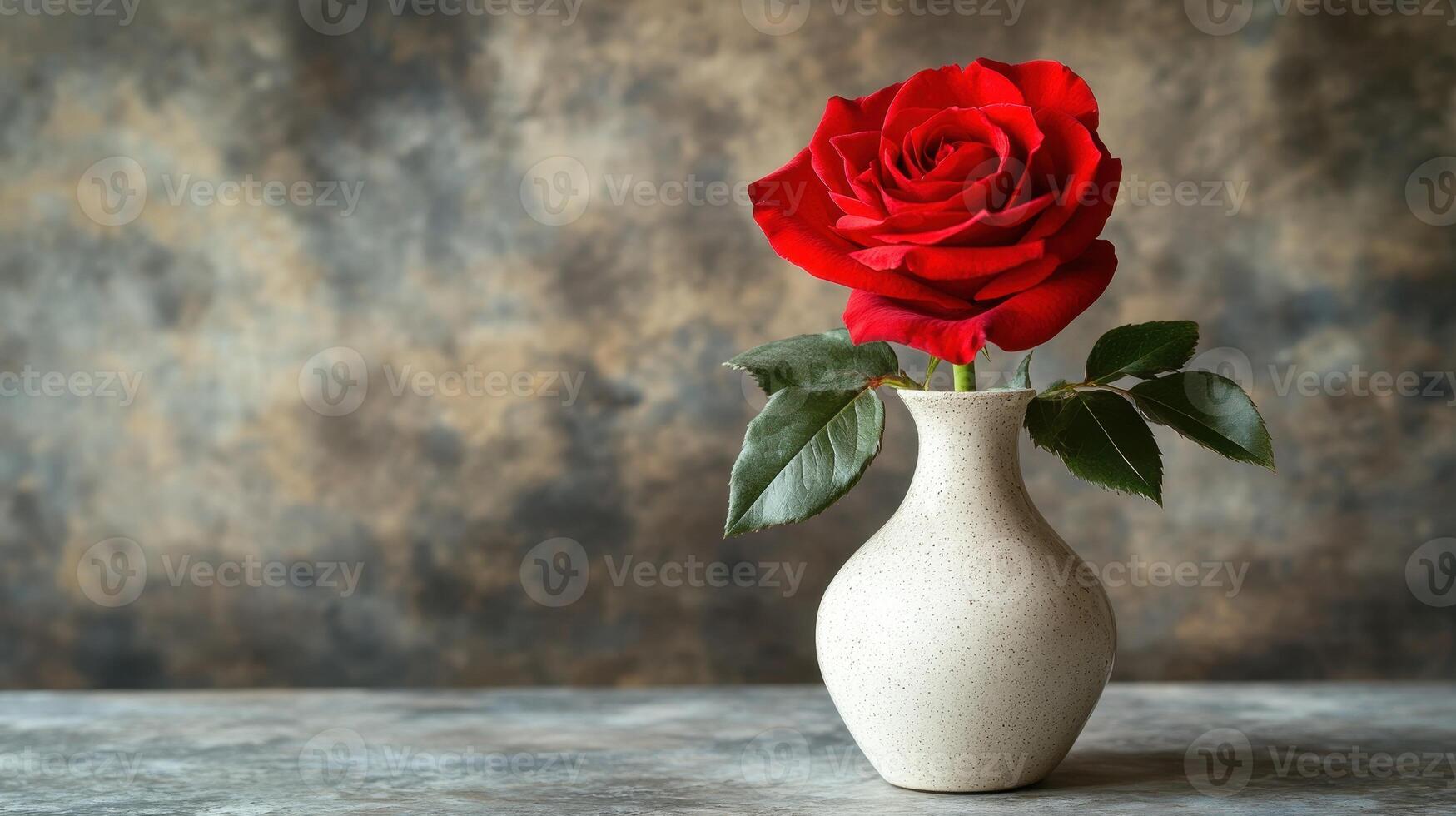 Single red rose in vase, rustic background, romantic setting, Valentine's card photo