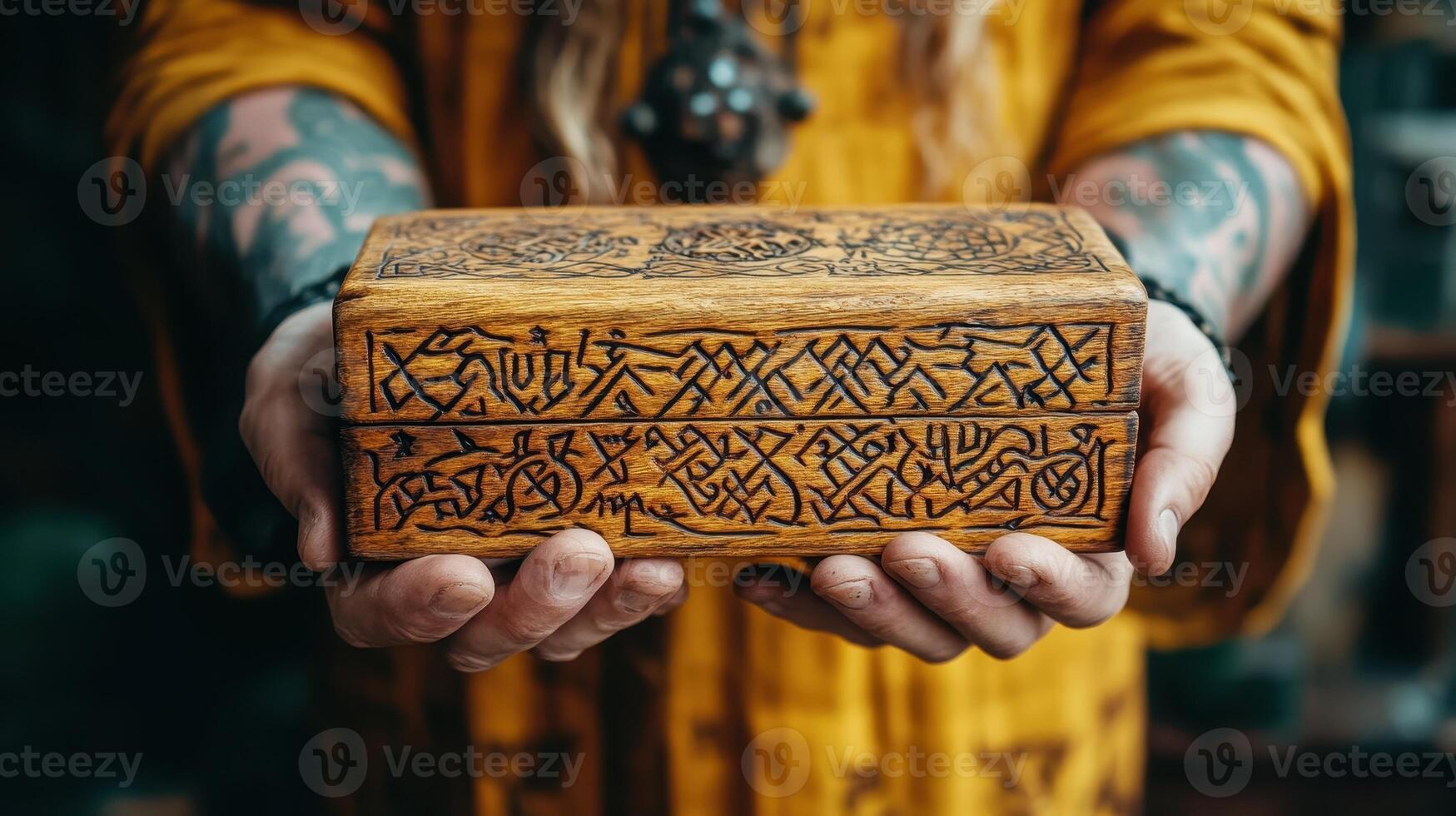 Woman holding carved wooden box, runes, mystic shop photo