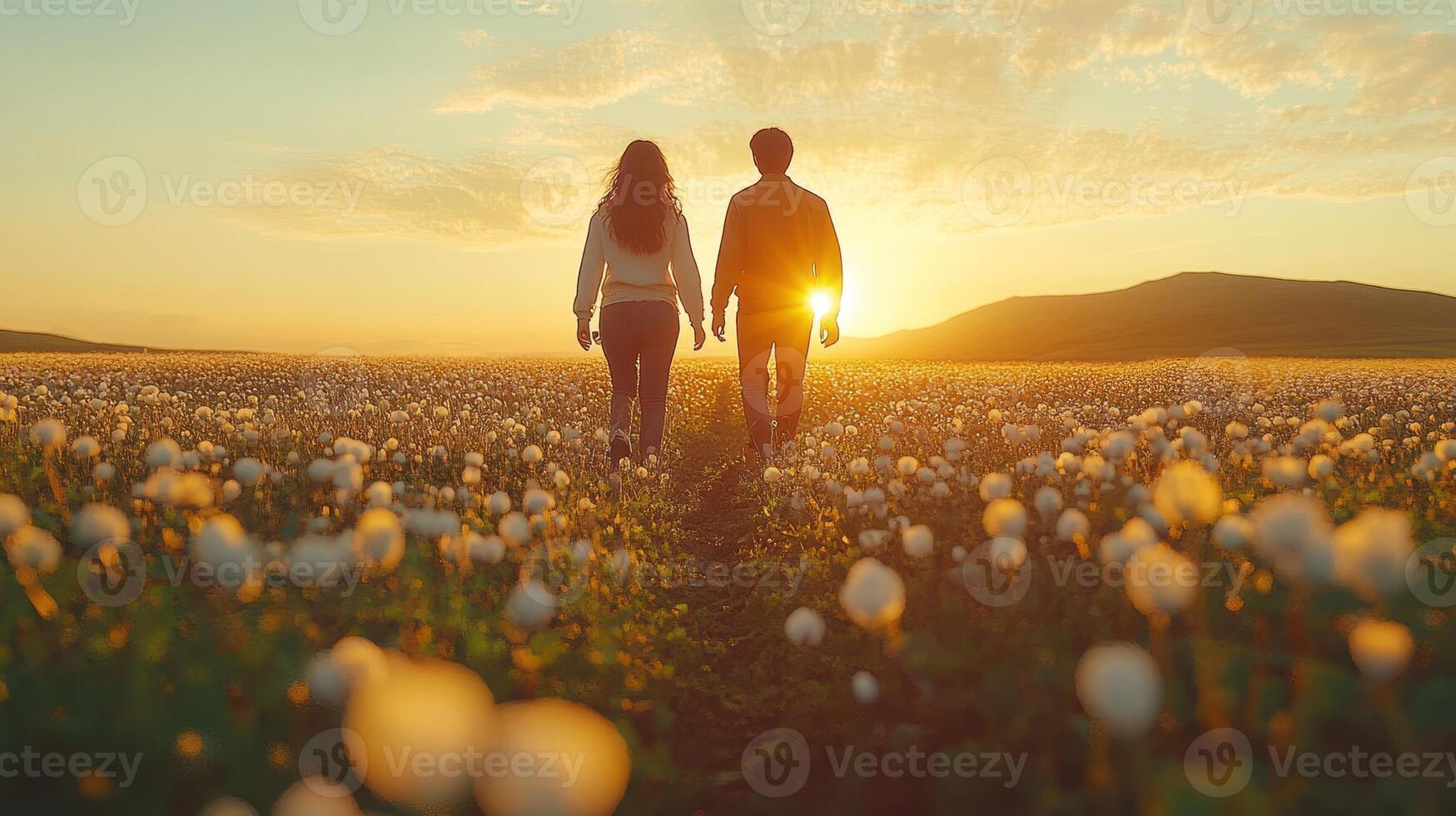 A man and woman walking in a field at sunset photo