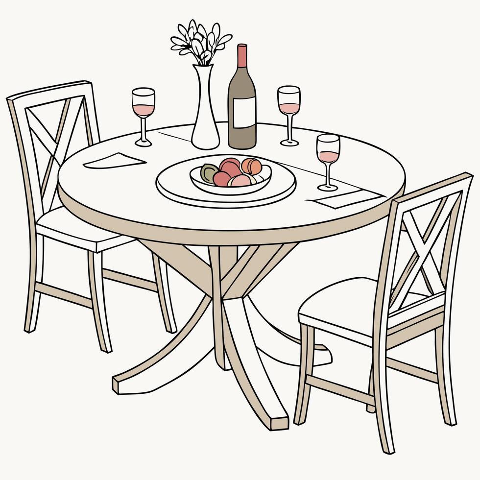 a drawing of a dining table with two chairs vector