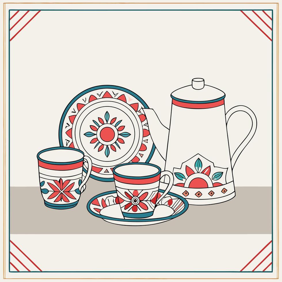 a set of tea cups and saucers with a pattern vector