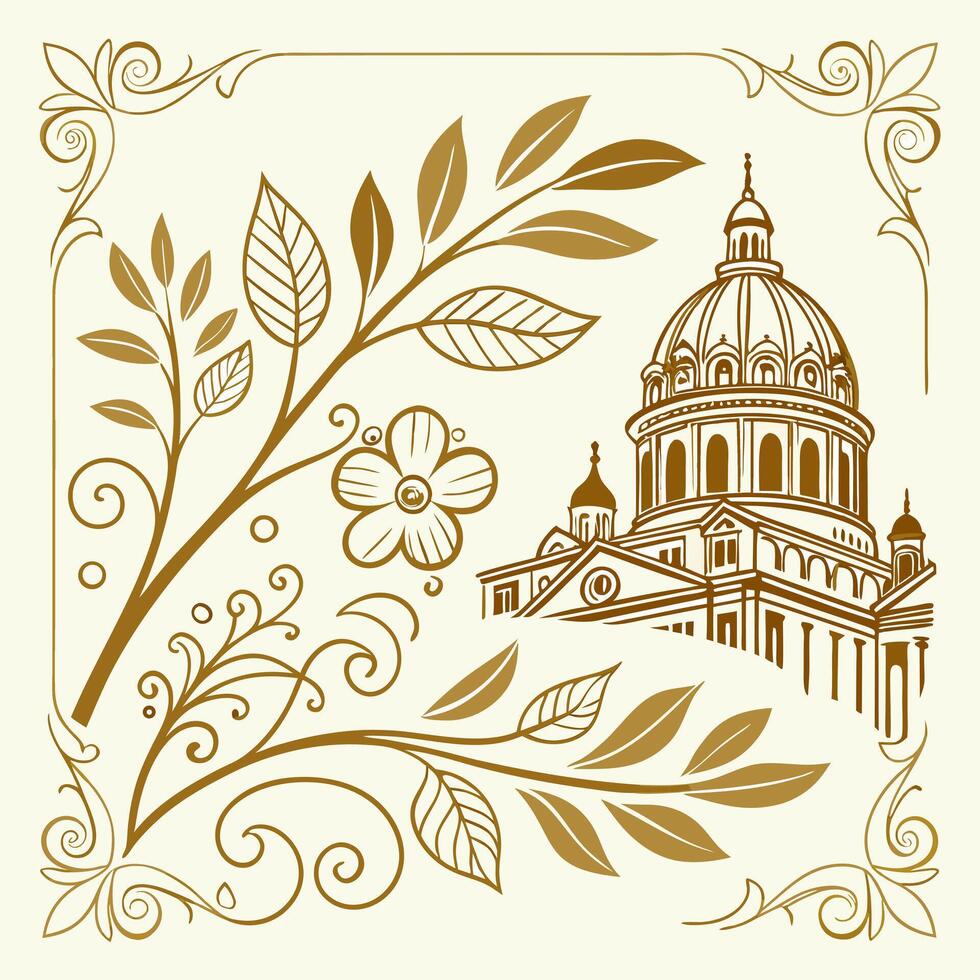 a church and flowers in a frame vector