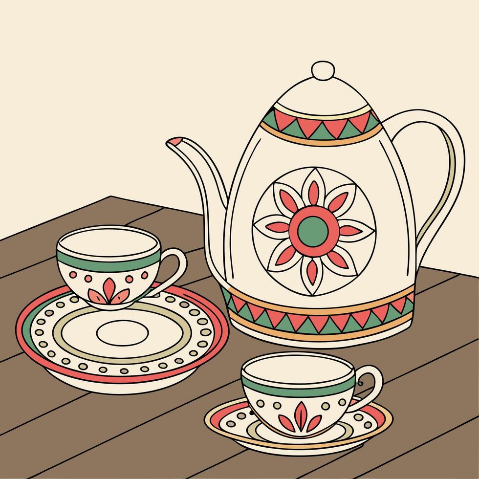 a drawing of a teapot and cups on a table vector