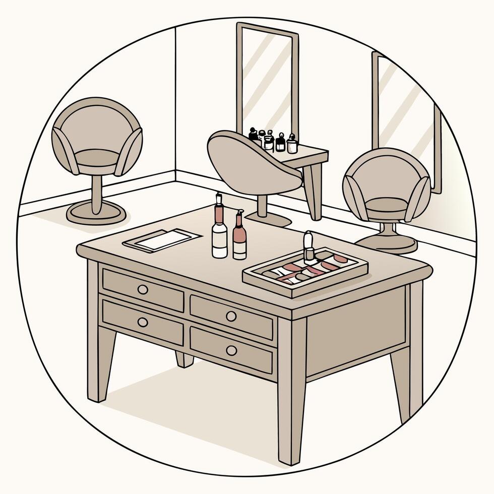 a drawing of a room with a desk, chairs, and a wine bottle vector