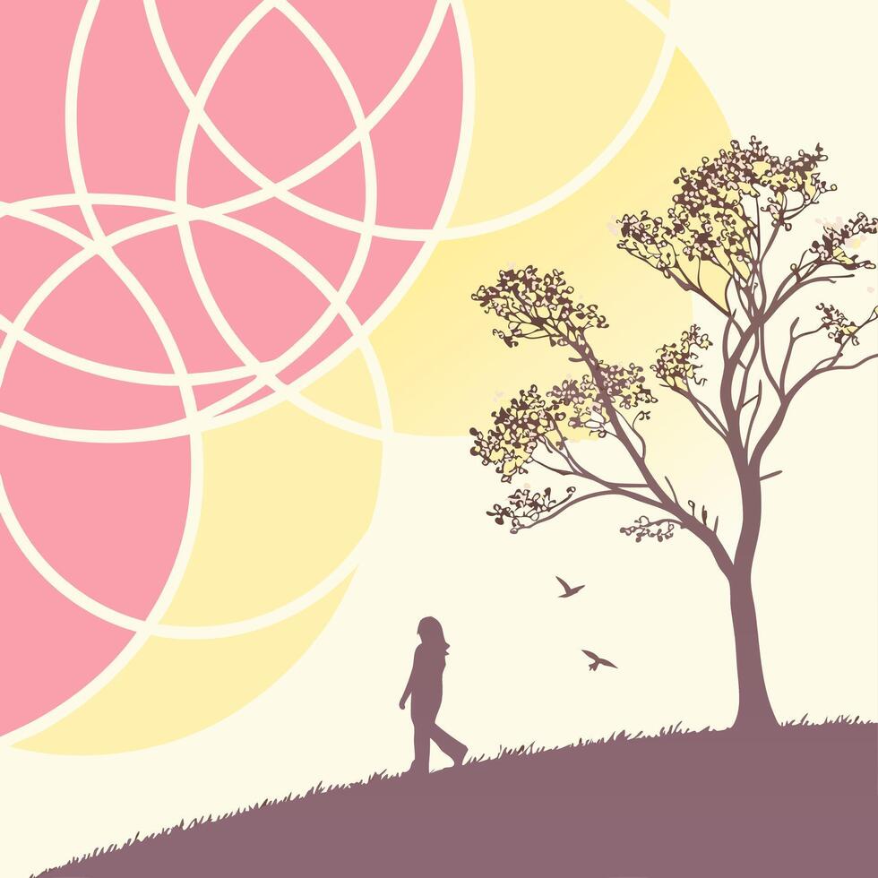 a woman walking under a tree with birds flying around it vector