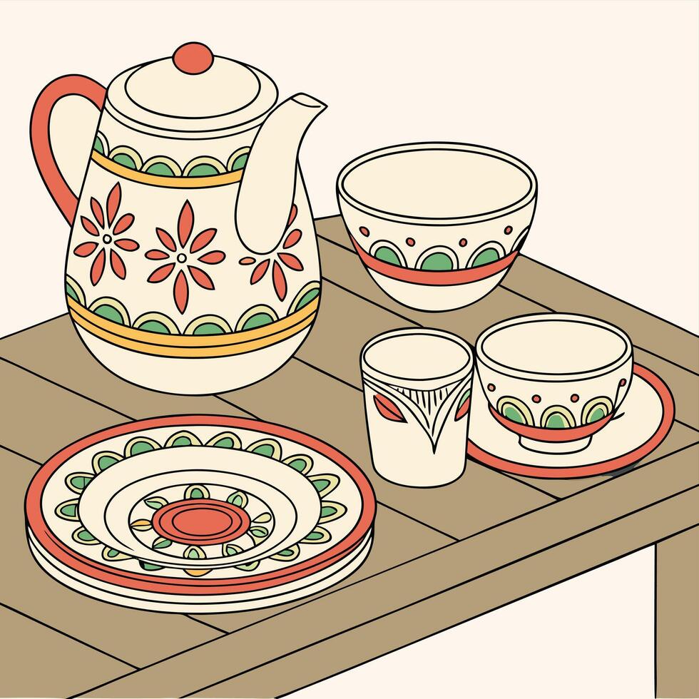 a drawing of a table with a tea pot, cups and saucers vector