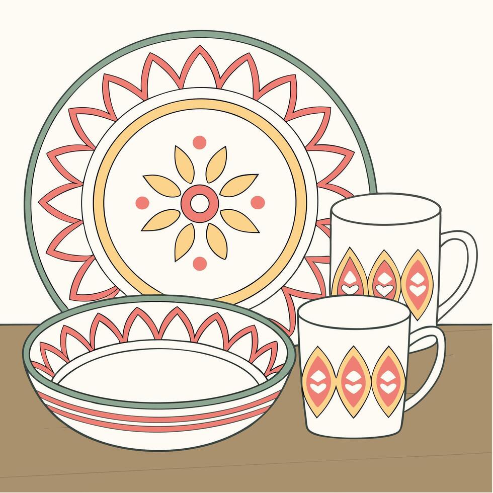 a drawing of a plate and cup with a flower design vector