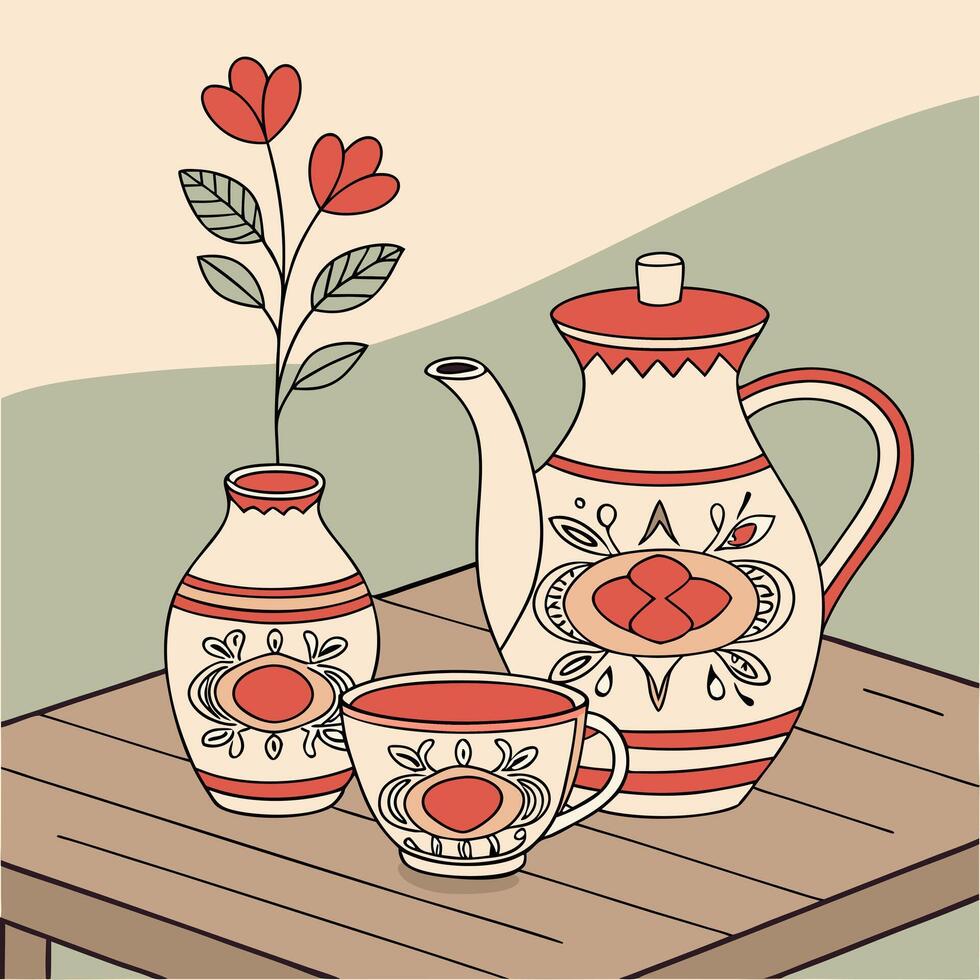 a drawing of a table with a vase and a pot vector