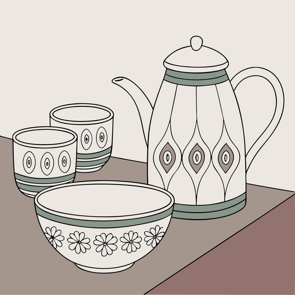 a drawing of a teapot and bowl on a table vector