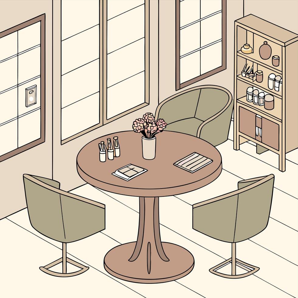 a drawing of a room with a table and chairs vector