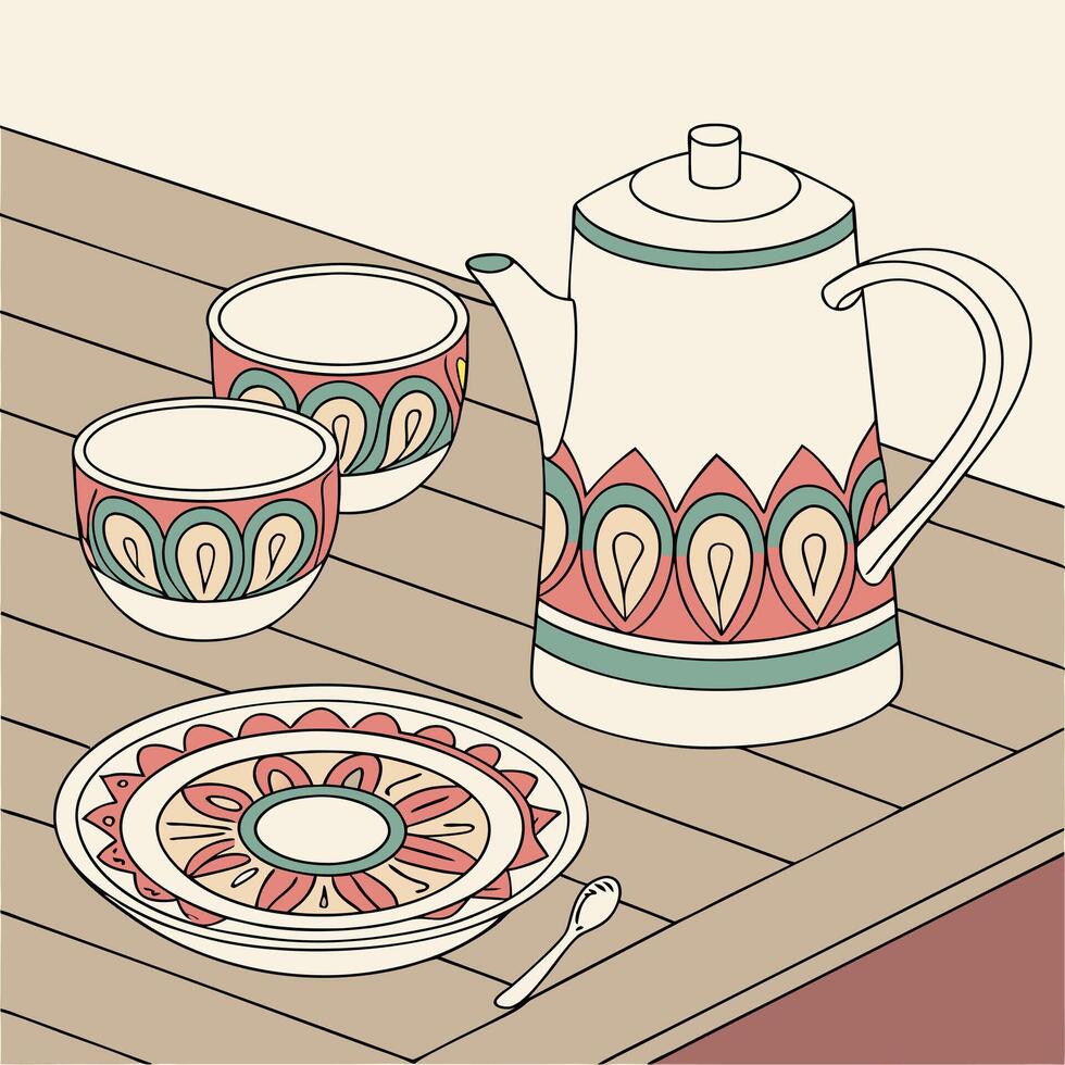 a drawing of a table with a teapot and cups vector