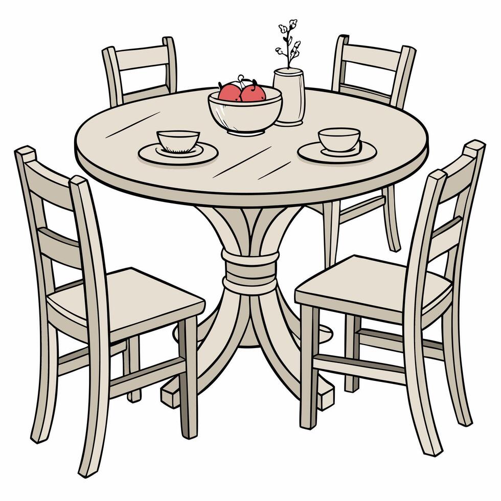 a wooden table with chairs and a bowl of fruit vector