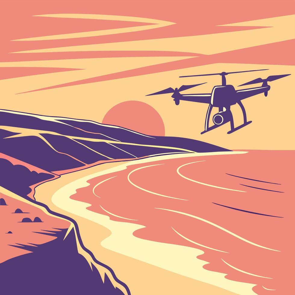 a poster with a drone flying over the ocean vector