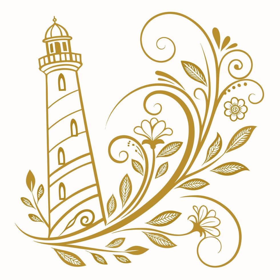 a lighthouse with flowers and leaves on a white background vector
