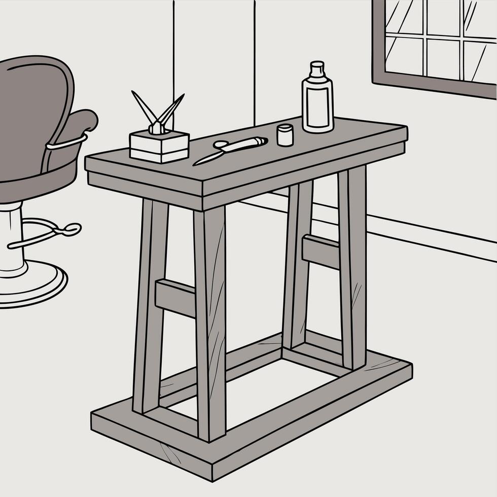 a barber chair and a table with a bottle of shampoo vector