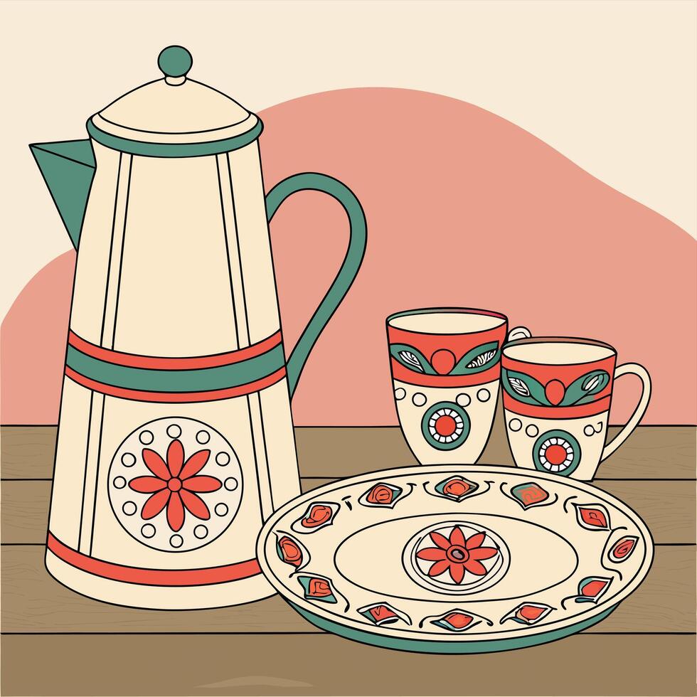 a coffee pot, cup and saucer are on a table vector