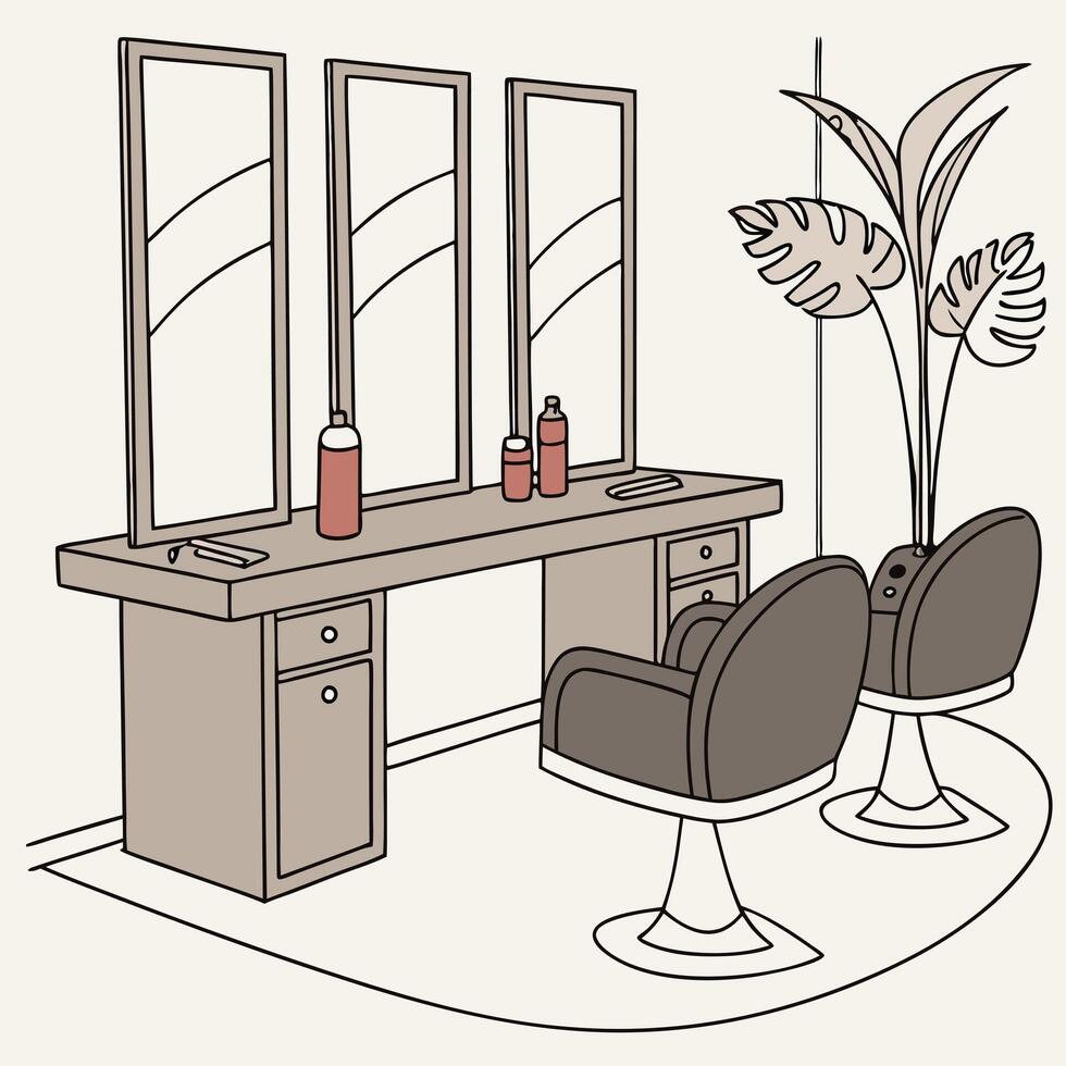 a drawing of a salon with two chairs and a mirror vector