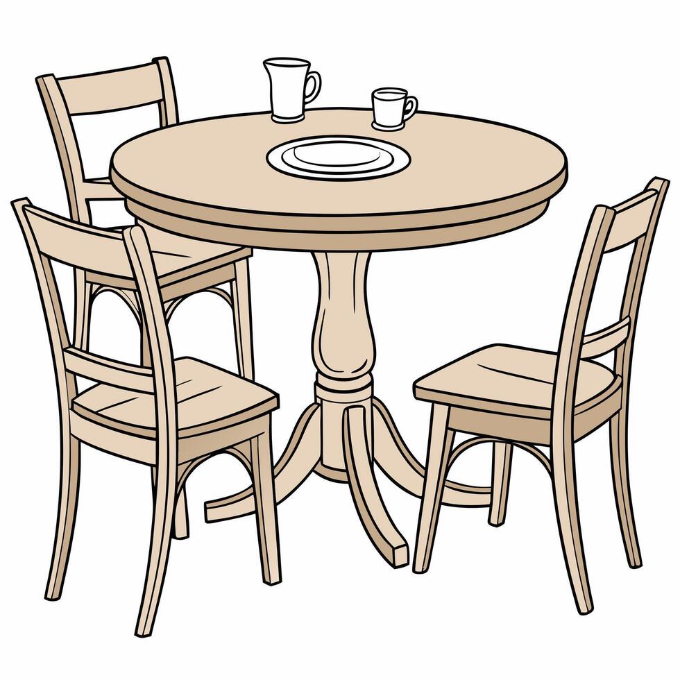 a wooden table and chairs with a cup and saucer vector