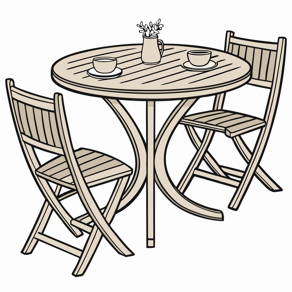 a wooden table and chairs with a vase of flowers vector