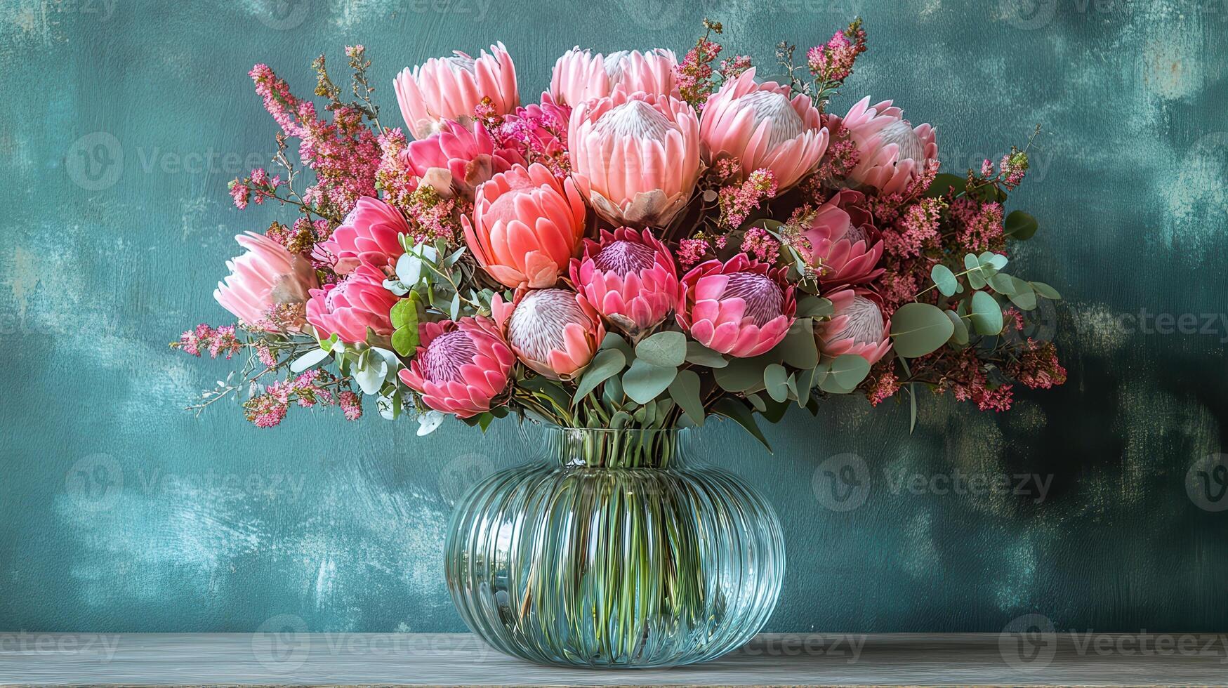 A vase filled with pink flowers sitting on a table photo