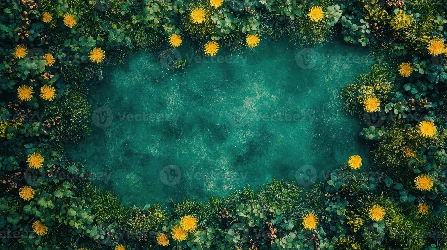 A green pond surrounded by yellow flowers photo