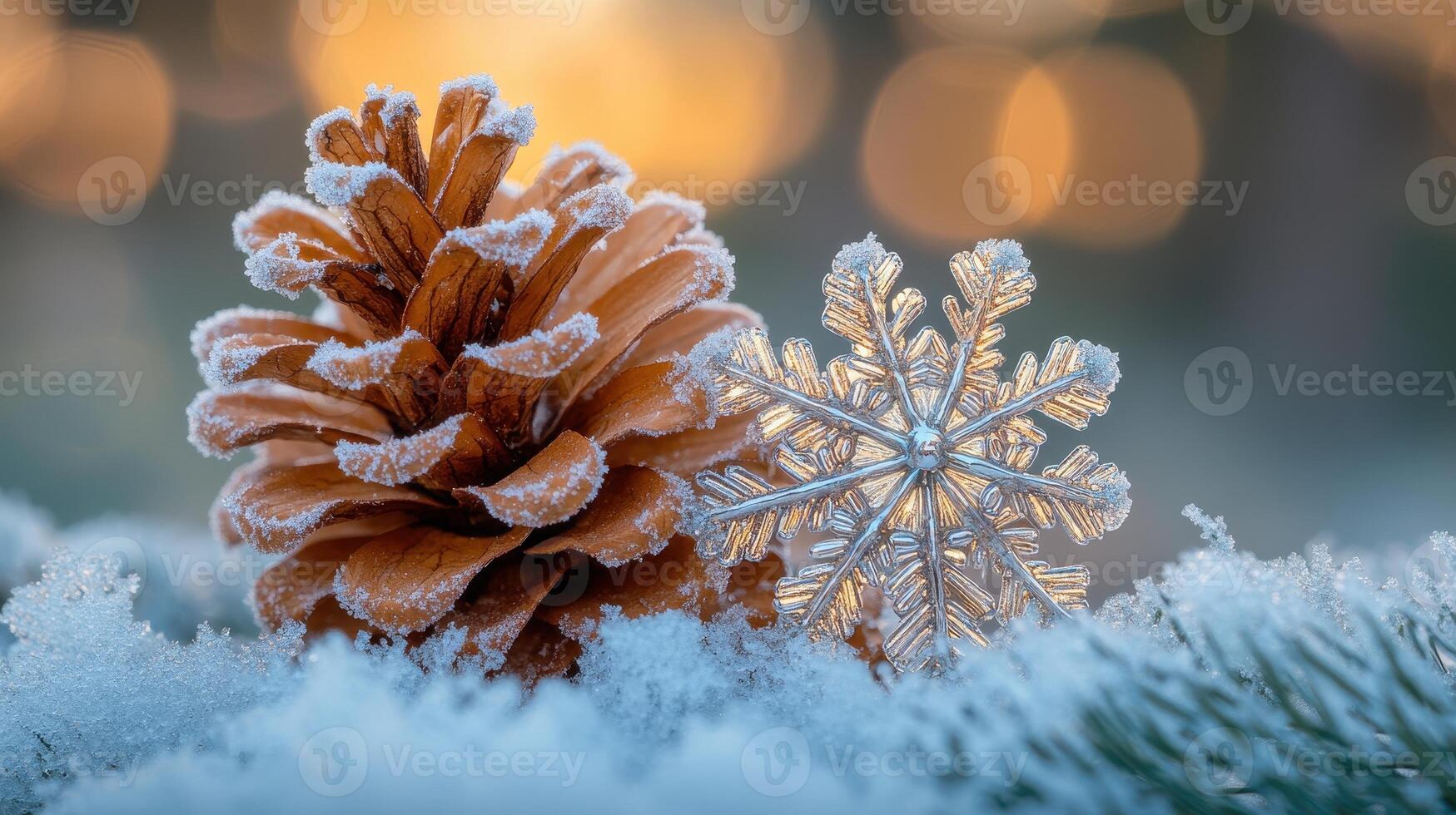 Frosty pine cone and snowflake on snow, bokeh background, winter holiday card photo