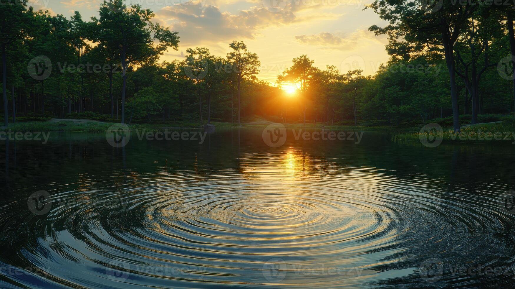 A rippling pond at sunset with a tree in the background photo