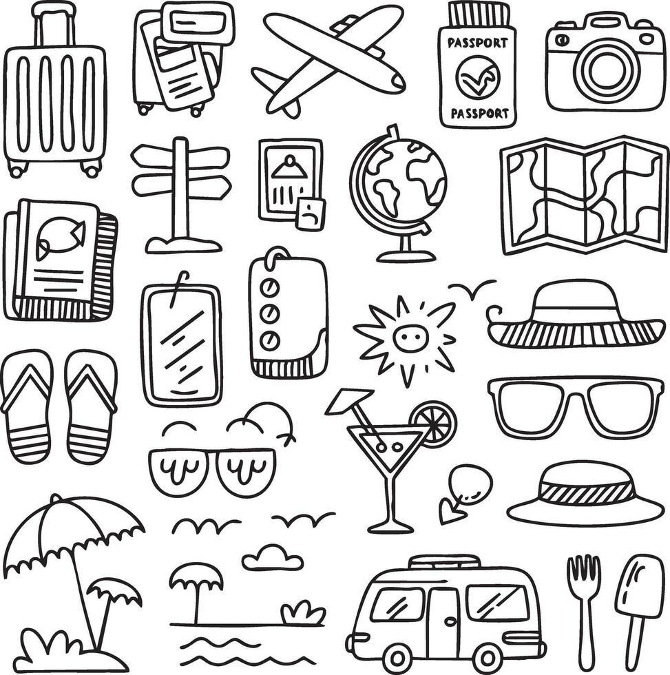 A Set Of Hand-Drawn Travel Doodle Collection. Travel Doodle World Exploration Icons Sets vector