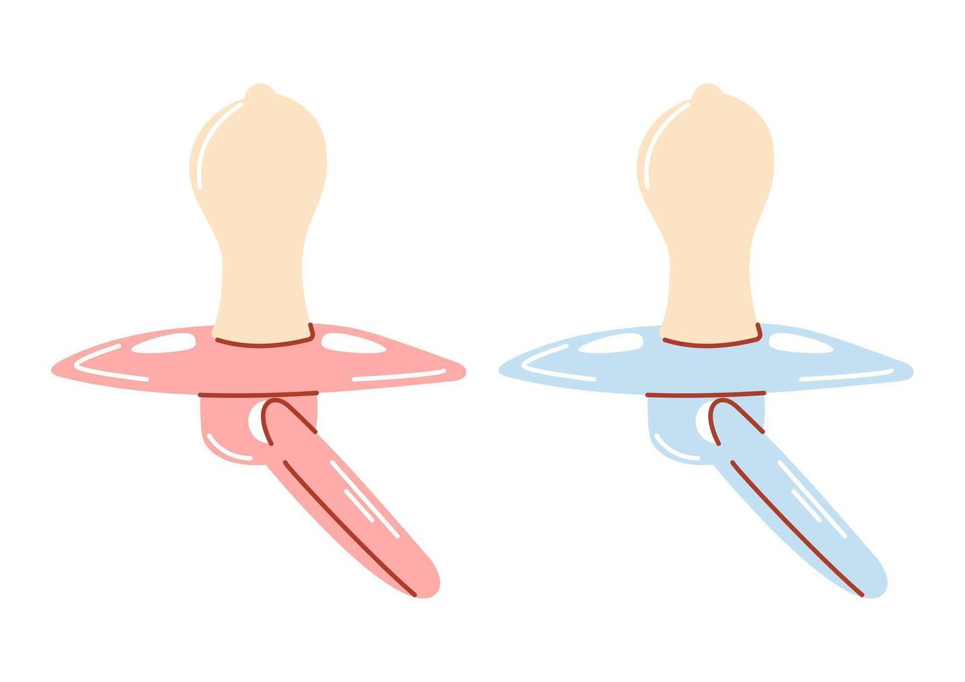 Baby pacifier blue and pink for little boy and little girl. Newborn accessories, toddler supplies and infant essential items. Flat hand drawn illustration, isolated background. vector