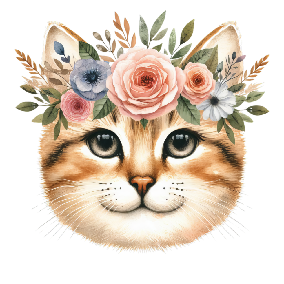 Close up of a cat face with a floral crown on its head in a watercolor style illustration png