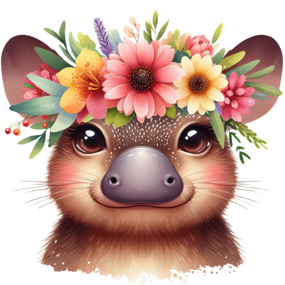 A charming quokka with a floral crown, featuring vibrant pink and yellow flowers and lush greenery png