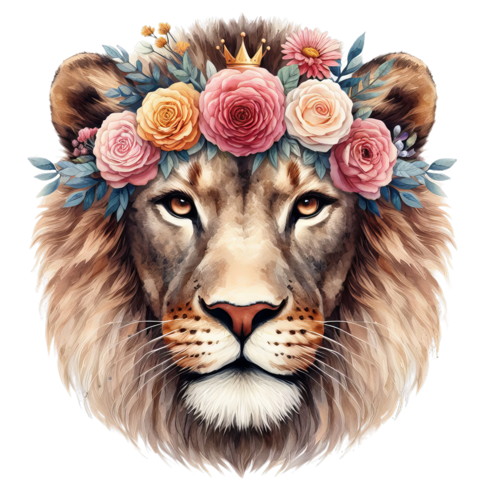 A watercolor painting of a lion wearing a flower crown and a small golden crown on its head png