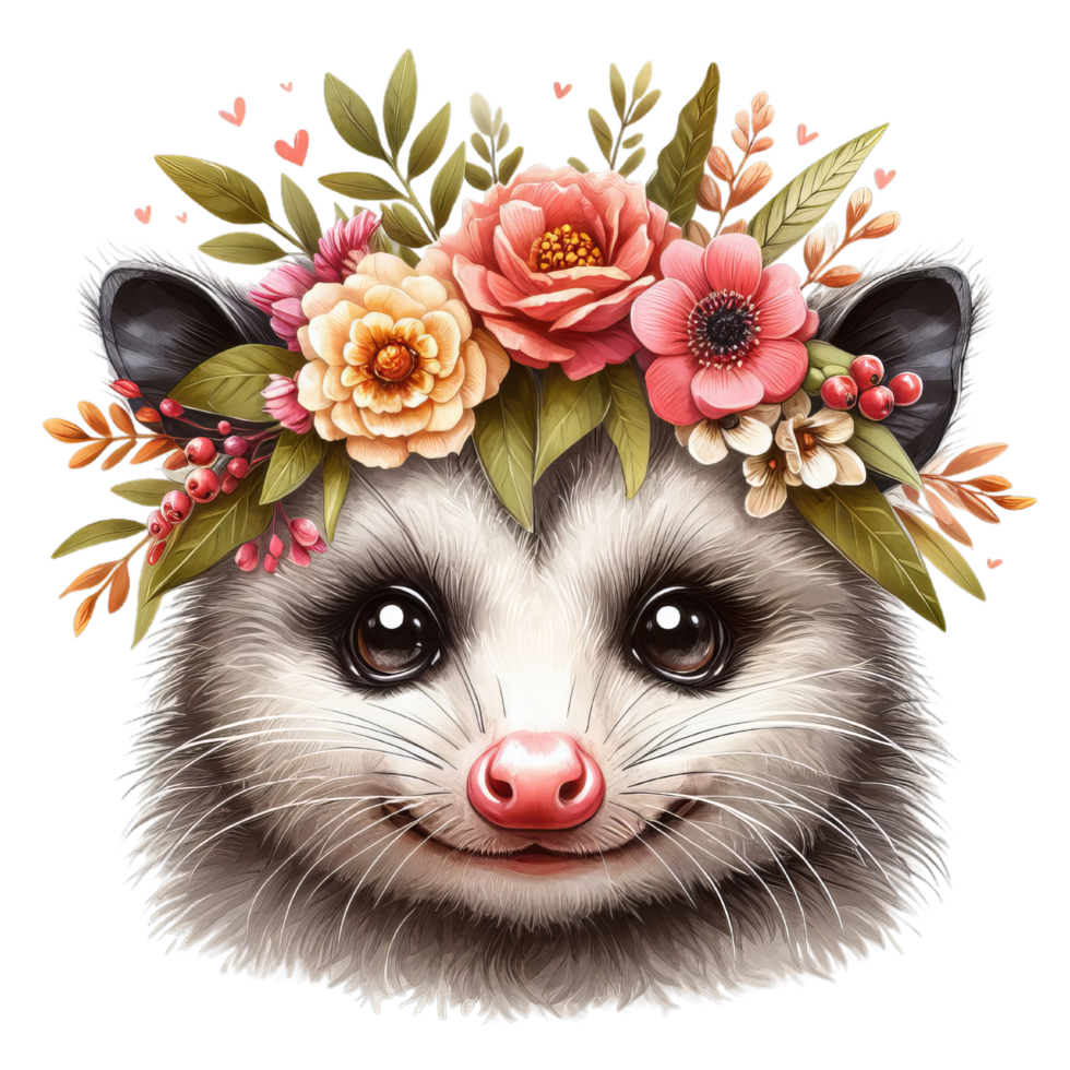 Close up of a cute opossum face wearing a flower crown with pink and yellow flowers and green leaves png