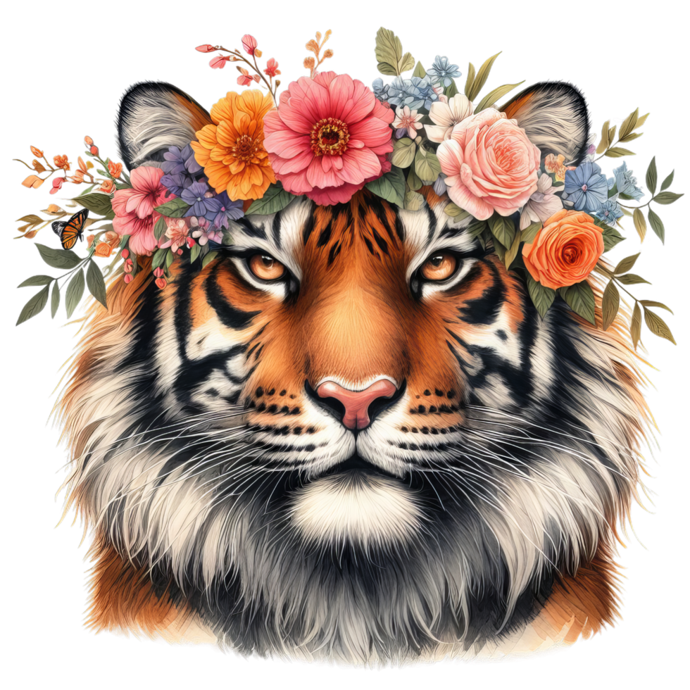 Illustration of a tiger head wearing a flower crown with orange pink and blue flowers art png