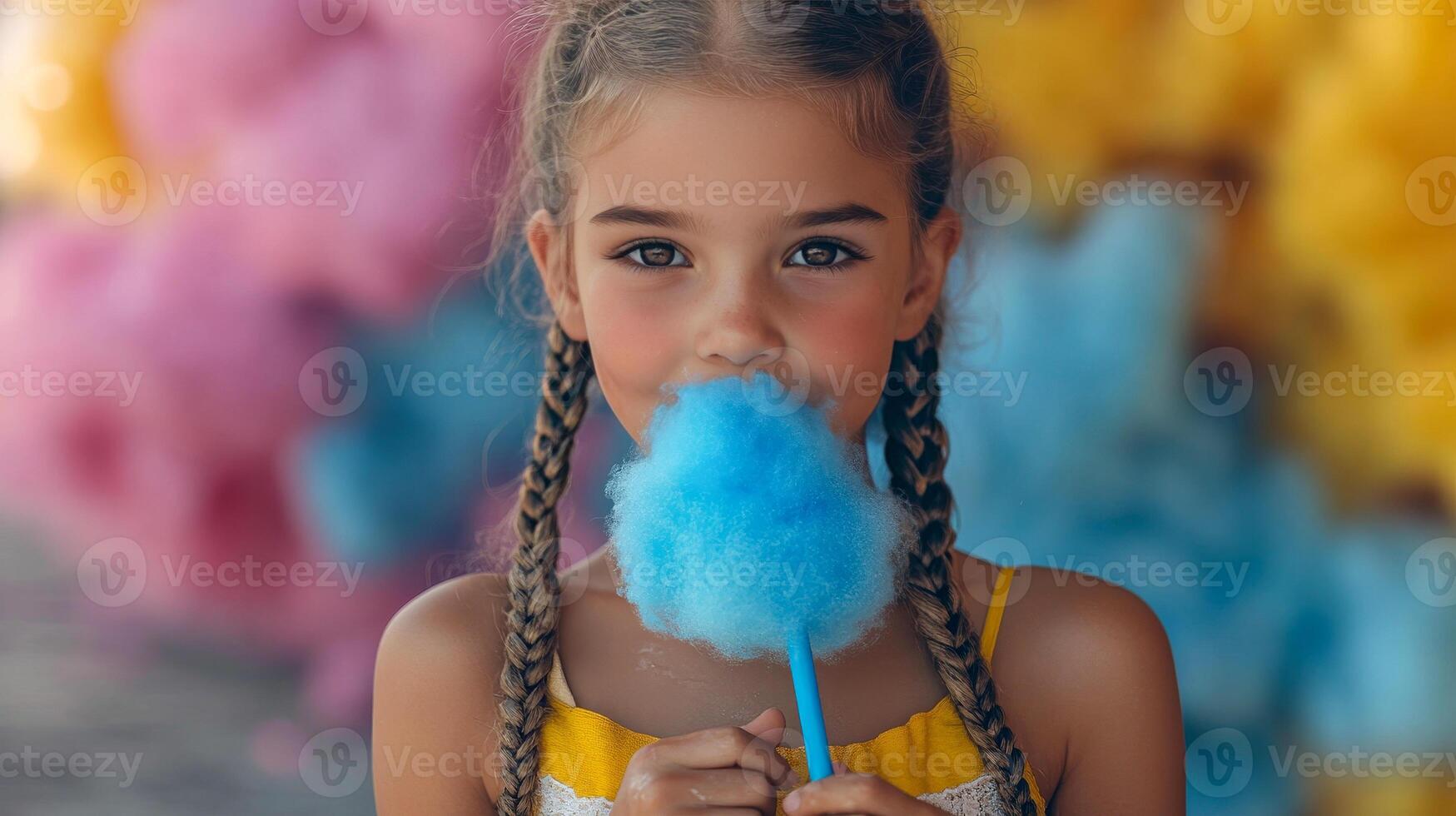 A young girl with pigtails greedily swallows blue cotton candy, a treat for children photo