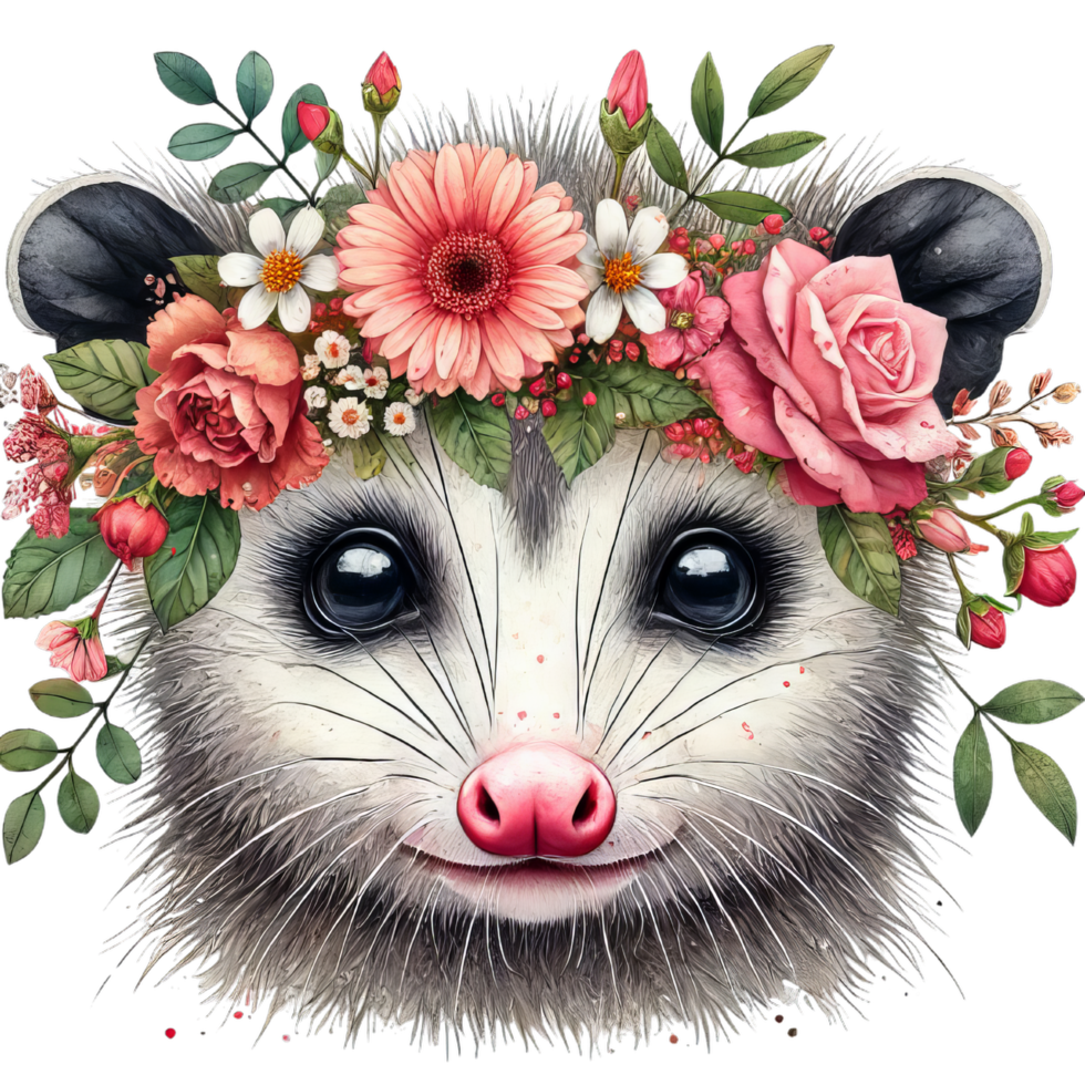 A charming opossum portrait adorned with a floral crown featuring roses and gerbera daisies art png