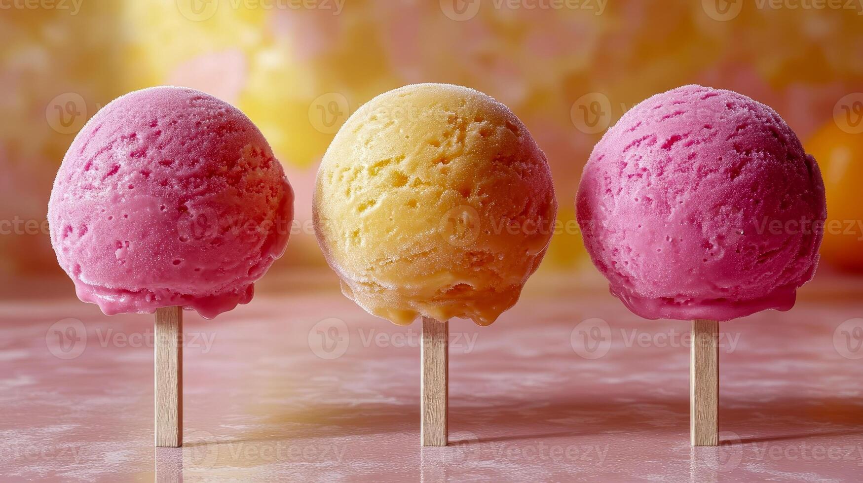A trio of colorful round-shaped fruit sorbets on wooden sticks, a rich fruity popsicle in the hot summertime photo