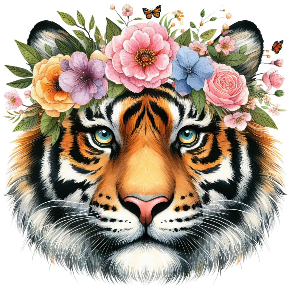 A tiger's face with bright blue eyes wearing a crown of colorful flowers and green leaves art png