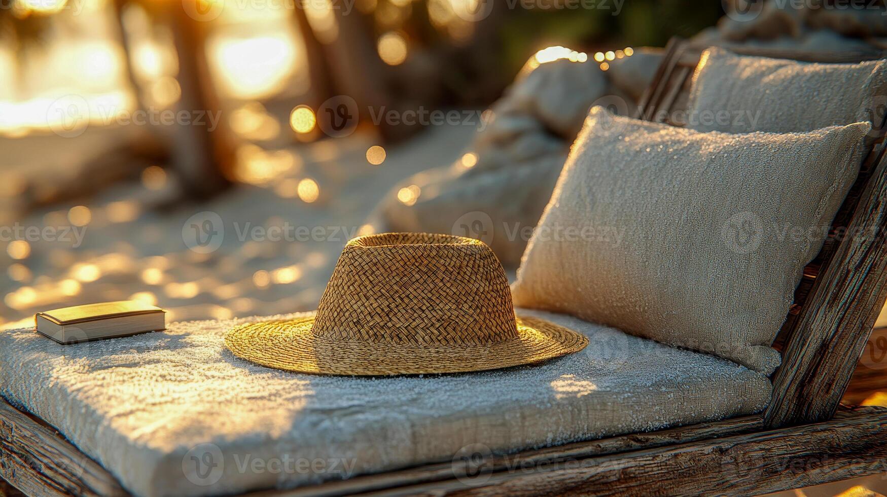 A wooden chaise lounge with a folded straw hat on a cushion and books on the beach in the shade under a palm tree photo