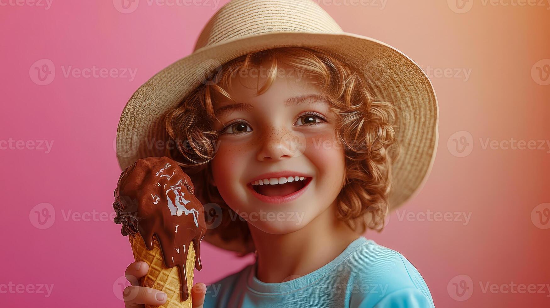 Happy boy in a summer hat holding a chocolate ice cream cone in one hand, bright background photo
